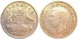 1951年発行の6ペンス硬貨