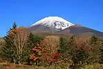 秋 (2007年10月28日)上部で冠雪、山麓で紅葉
