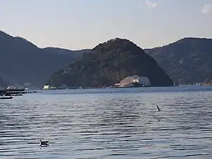北側の静浦漁港から望む淡島、北端にウィンダムグランド淡島、北東岸にあるあわしまマリンパーク（2016年3月1日撮影）