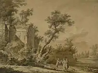 遺跡と3人の人物と風景