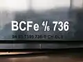 動態保存されたBCFe4/6 736号機の形式標記、下部にUIC方式の形式名BCFe595形の形式機番が入る