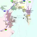 都市的地域と湾周辺の交通網の地図