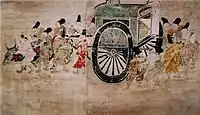 連行される大納言を乗せた八葉車、中に乗っている大納言の衣服の一部が見えるが、その表情はうかがい知れない
