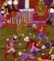 Detail showing Muhammad, Ali, and the companions at the Massacre of the Prisoners of the Jewish Tribe of Beni Qurayzah, 19th-century text by Muhammad Rafi Bazil.  Both Muhammad (upper right) and Ali (center) are depicted as columns of flame rather than illustrated directly.
