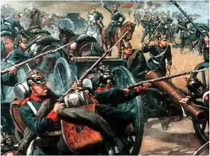 ランゲンザルツァの戦い（普墺戦争）で攻撃を受ける砲兵。手前の歩兵が攻撃を防いでいる。