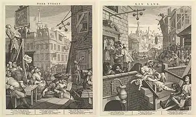 『ビール通りとジン横丁（英語版）』（1751年）繁栄を謳歌するビール通りと退廃的で貧苦に喘ぐジン横丁が対照的に描かれている