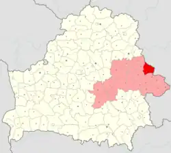  Location of Mscislaŭski rajon (red) in Mahilioŭskaja voblasć (light red) in Belarus.