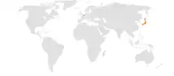 BelgiumとJapanの位置を示した地図