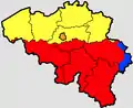 ベルギーはオランダ語圏(黄色)とフランス語圏(赤色)に大分されるが、ブリュッセル(橙色)はオランダ語圏にあってフランス語が優勢な地域である。