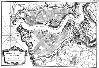 1768年のパンフェル川と河口部にあるブレスト城の地図（右側が北）