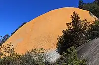 傘岩と恵那峡を挟んで北岸にある紅岩（べにいわ）。周辺と同系の花崗岩だがダイダイゴケ属の一種が寄生し変色しているため紅岩の名がある。岐阜県指定天然記念物。2017年3月11日撮影。