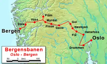 ベルゲン線とフロム線の鉄道路線図