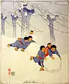 「Japanese children rolling large snow balls(大きな雪玉を転がす日本の子供たち)」1913年