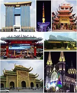 左上から時計回り:ビンズオンの管理センター、クロックタワー、ホイアン寺院、ホイカイン寺、フークオンカトリック教会、ダイナム、天后宮。