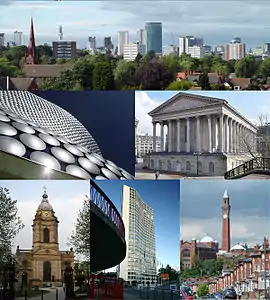 上から、Edgbaston Cricket Groundから望むBirmingham City Centre, ブル・リングにおけるSelfridges Building, Birmingham Town Hall, St Philip's Cathedral, Alpha Tower及びバーミンガム大学。