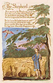 ウィリアム・ブレイク『無垢と経験のうた』(1789年)。詩人ブレイクは銅版画職人でもあり、エッチングにより自著を自作のイラストレーションで彩った(カテゴリ)