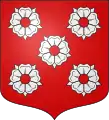イン・サルタイアー （配置）Gules five roses argent seeded of the field in saltire