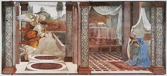 『受胎告知』（1481年）、243 cm × 555 cm、ウフィツィ美術館（本来、サン・マルティーノ・アッラ・スカーラ病院のためのフレスコ画）
