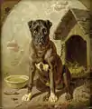 「ボクサー犬とその家」(19世紀の油絵。作者不詳。)。「むく材」でできており切妻屋根。内部にはわらがクッションや断熱材として敷かれている。
