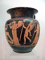 ギリシア陶器に赤絵式で描かれた、女性が太鼓を持つ絵。(紀元前360年から紀元前330年ころのもの。Burgas Archeology Meseum所蔵)