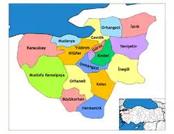 ブルサ県におけるイェニシェヒルの位置の位置図