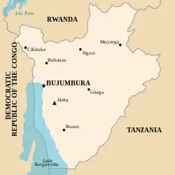ブルンジ共和国内のブジュンブラの位置。図内のBUJUMBURAと書かれている場所。の位置図