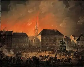 最も悲惨な夜:イギリス軍による市街地砲撃中のコンゲンス・ニュートー広場の様子 (1807年9月4日から5日にかけて)
