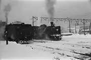 国鉄時代の岩見沢駅構内(1974年)。停車中のC57形蒸気機関車