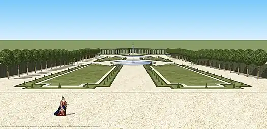 ラ・セル城の18世紀当時の大花壇の復元3D（Vue restituée sur le grand parterre du château de la Celle Saint-Cloud au XVIIIe&nbsp;siècle.）
