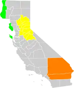 カリフォルニア州の経済的地域図、黄色がゴールドカントリー