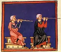 チュニックの袖をぶら下げて笛を吹く2人の男 -楽譜"Cantigas de Santa Maria"より