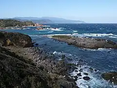 爪木崎から東伊豆の海岸。奥の山並は天城山
