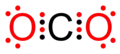 O=C=O(二酸化炭素)のルイス構造。二重結合は4つの電子を表す点で表現される。