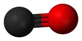 A carbon atom (shown as a grey ball) tripled bonded to an oxygen atom (shown as a red ball).