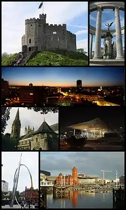 時計回りに上から、カーディフ城(英語版), Welsh National War Memorial, Cardiff city centre, The Senedd, Cardiff Bay, AllianceおよびLlandaff Cathedral.