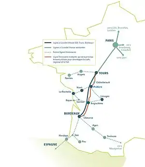 LGV大西洋線・南西線パリ-ボルドー間の略図。青実線がLGV(既開業部分を含む)と連絡線、赤線は並行在来線。破線はTGV直通区間