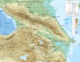 Topographic map of the Caucasus in English