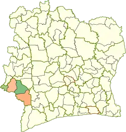 カヴァリィ州(緑)とモンターニュ地方(緑+橙) &nbsp;&nbsp;Toulépleu Department &nbsp;&nbsp;Bloléquin Department &nbsp;&nbsp;Guiglo Department &nbsp;&nbsp;Taï Department
