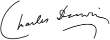 "Charles Darwin", with the surname underlined by a downward curve that mimics the curve of the initial "C"