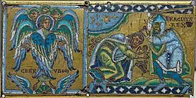 The right panel shows Emperor Heraclius, in armor, holding a sword and preparing to strike the submissive Khosrau. The left panel shows a cherub with palms open.