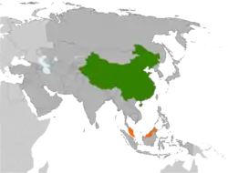 ChinaとMalaysiaの位置を示した地図