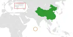 ChinaとMaldivesの位置を示した地図