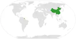 ChinaとSurinameの位置を示した地図