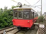 保存されているデハ801（2019年4月21日 外川駅）