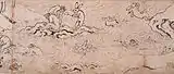 『鳥獣戯画』（12-13世紀）より、川で沐浴をする猿と兎たち。