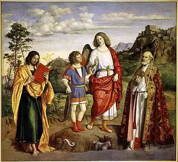 チーマ・ダ・コネリアーノ『大天使ラファエルとトビアス、聖ニコラウス、聖ヤコブ』1513年頃 アカデミア美術館所蔵