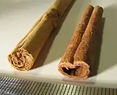 セイロンシナモン（Cinnamomum verum、左）とインドネシアシナモン（Cinnamomum burmannii、右）のクイル