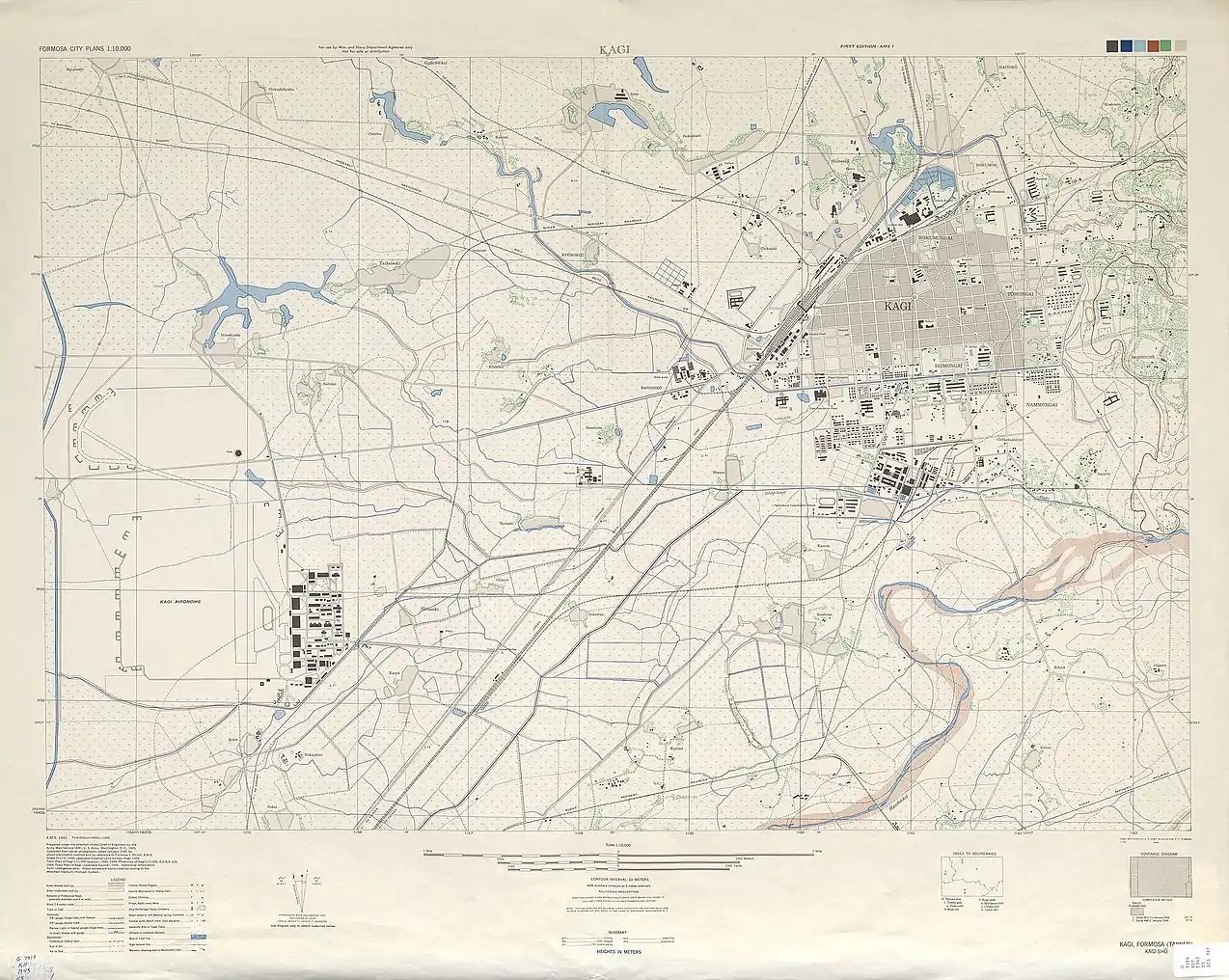 1945年の米軍地図。右上が嘉義市街と嘉義駅、左下が水上基地で、南西方向に延びる鉄道が縦貫線。
