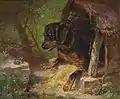 犬小屋の中の犬とカエル（クララ・フォン・ヴィレによる油絵、1881年。）。側面は「むく材」、屋根表面は萱か？