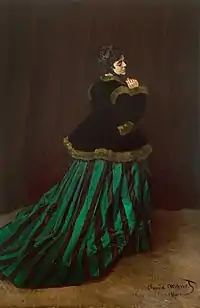 モネ『緑衣の女(フランス語版)』1866年。油彩、キャンバス、231 × 151 cm。ブレーメン美術館。